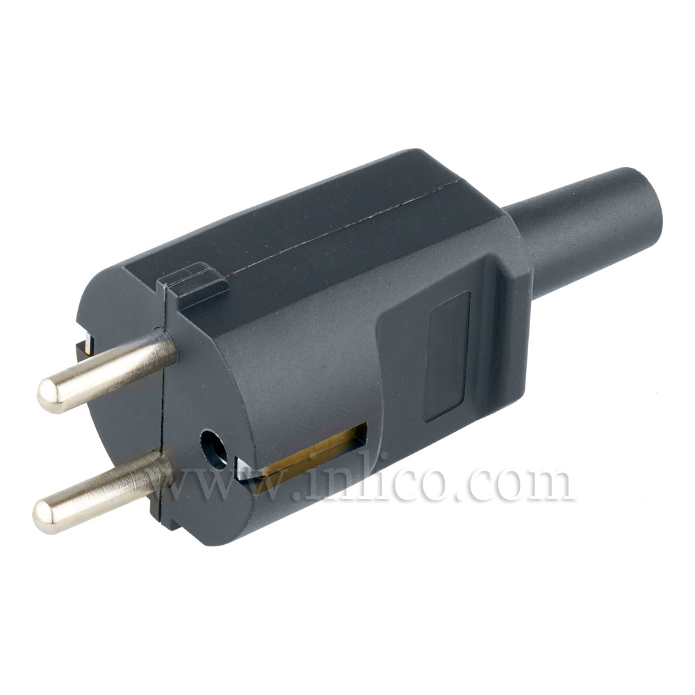 REWIRABLE SCHUKO PLUG BLACK 
CEE 7/4 AND CEE 7/7 (TYPE F AND TYPE E COMPATIBLE) 
TO STANDARD IEC60884-1:2002 VDE APPROVED MAX CURRENT 16 AMPS 