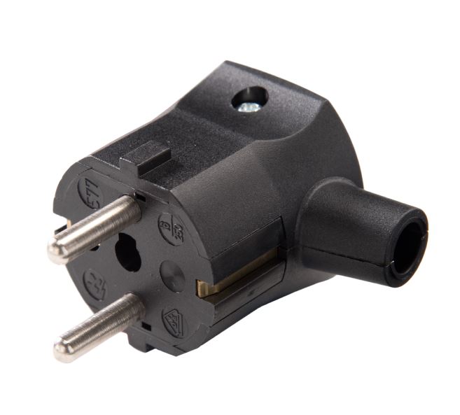 RIGHT ANGLED ENTRY SCHUKO PLUG BLACK REWIREABLE CEE 7/4 AND CEE 7/7 (TYPE E AND TYPE F) 
C/W SLEEVE 
TO STANDARD IEC60884-1:2002 VDE APPROVED MAX CURRENT 16 AMPS 