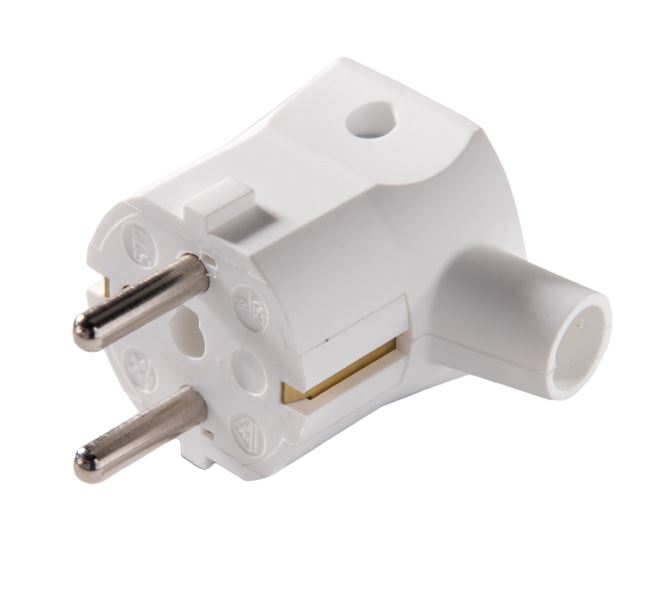 RIGHT ANGLED ENTRY SCHUKO PLUG WHITE REWIREABLE CEE 7/4 AND CEE 7/7 (TYPE E AND TYPE F) 
C/W SLEEVE 
TO STANDARD IEC60884-1:2002 VDE APPROVED MAX CURRENT 16 AMPS 