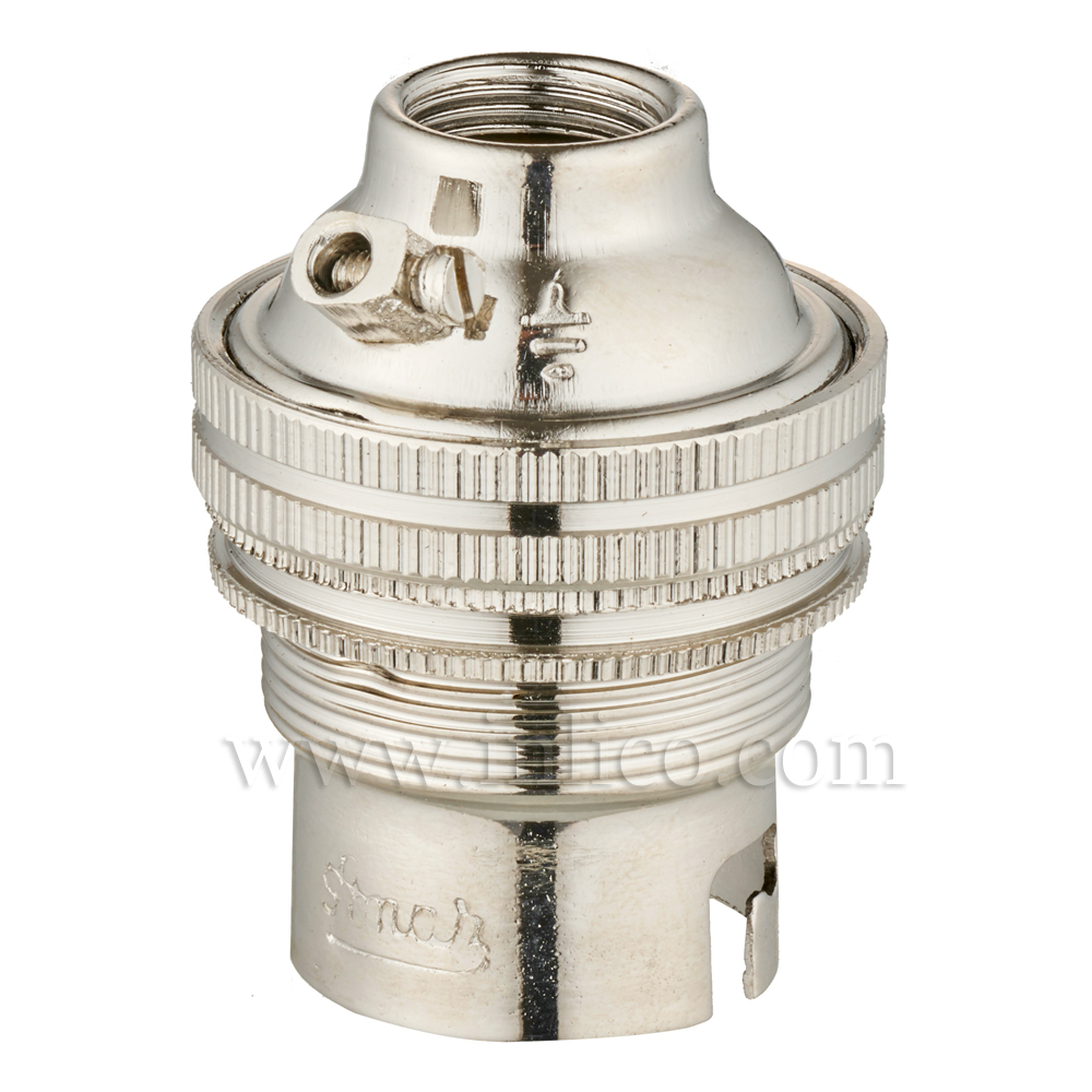 10MM B22 BRASS THREADED SKIRT LAMPHOLDER WITH SHADE RING NICKEL FINISH UNSWITCHED SCREW TERMINALS EARTHED STANDARD BS EN 61184. TOTAL HEIGHT 37.8MM