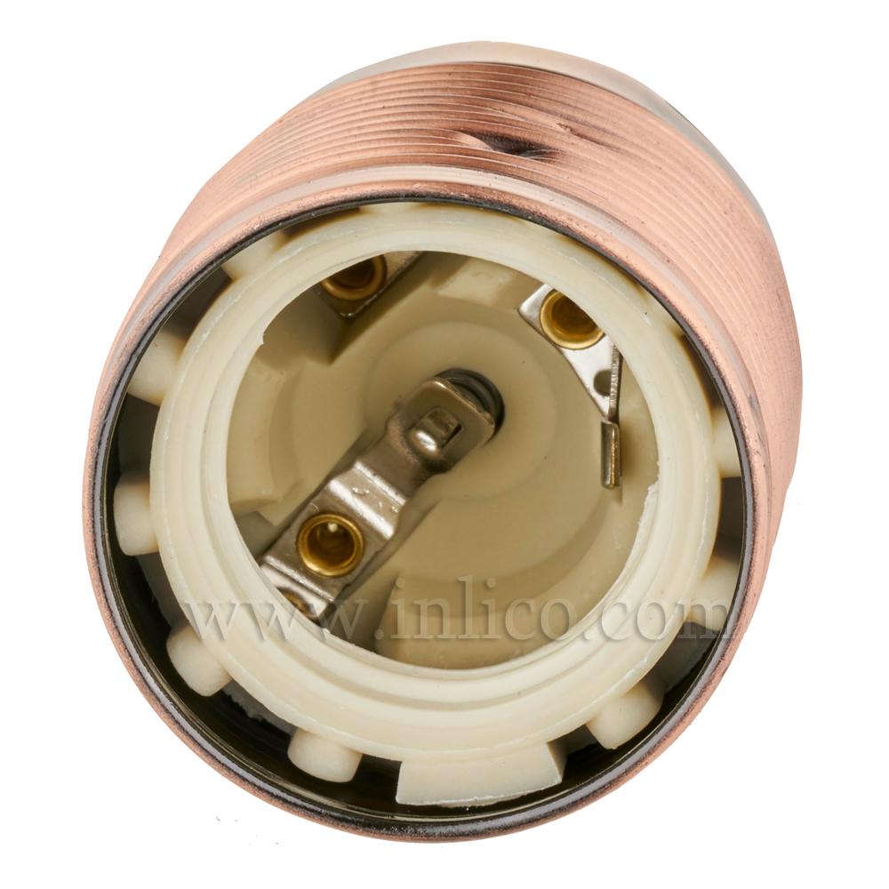 FULLY THREADED SKIRT E27 METAL LAMPHOLDER BRIGHT COPPER FINISH  WITH EARTHED CERAMIC INSERT
APPROVAL ENEC05 TO BS EN 60238:2018:2004