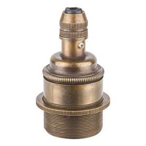E27 BRASS BRUSHED ANTIQUE LAMPHOLDER FULLY THREADED SKIRT M10 X 1 ENTRY WITH EARTH + 1 ANTIQUE PLATED BRASS SHADE RING  EN 60238:2004 + C11:2005 +A1:2008 + ANTIQUE COMPRESSION  CORDGRIP (SEPARATE)