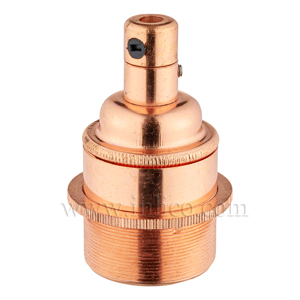 E27 BRASS BRIGHT COPPER PLATED LAMPHOLDER FULLY THREADED SKIRT M10 X 1 ENTRY WITH EARTH + 1 BRIGHT COPPER PLATED BRASS SHADE RING  EN 60238:2004 + C11:2005 +A1:2008 + 5.706.A.COPPER SIDE LOCKING CORDGRIP  (SEPARATE)