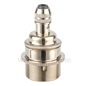 E27 BRASS NICKEL PLATED LAMPHOLDER FULLY THREADED SKIRT M10 X 1 ENTRY WITH EARTH + 1 NICKEL PLATED BRASS SHADE RING EN 60238:2004 + C11:2005 +A1:2008 + NICKEL PLATED COMPRESSION CORD GRIP (SEPARATE)