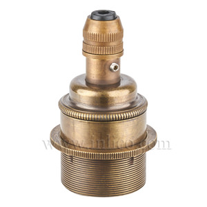 E27 BRASS OLD ENGLISH ANTIQUE LAMPHOLDER FULLY THREADED SKIRT M10 X 1 ENTRY WITH EARTH+1 OLD ENGLISH BRASS SHADE RING EN 60238:2004 & C11:2005A1:2008+OLD ENGLISH COMPRESSION CORDGRIP (UNASSEMBLED)