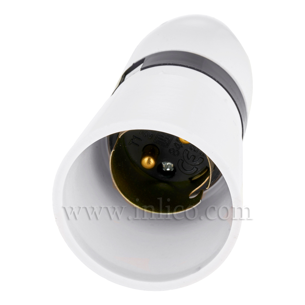 PUSHBAR PLASTIC LAMPHOLDER WHITE WITH LONG SKIRT AND CORD GRIP 10MM ENTRY T1  TO BSEN61184:1995. CERT. NO. 10115
