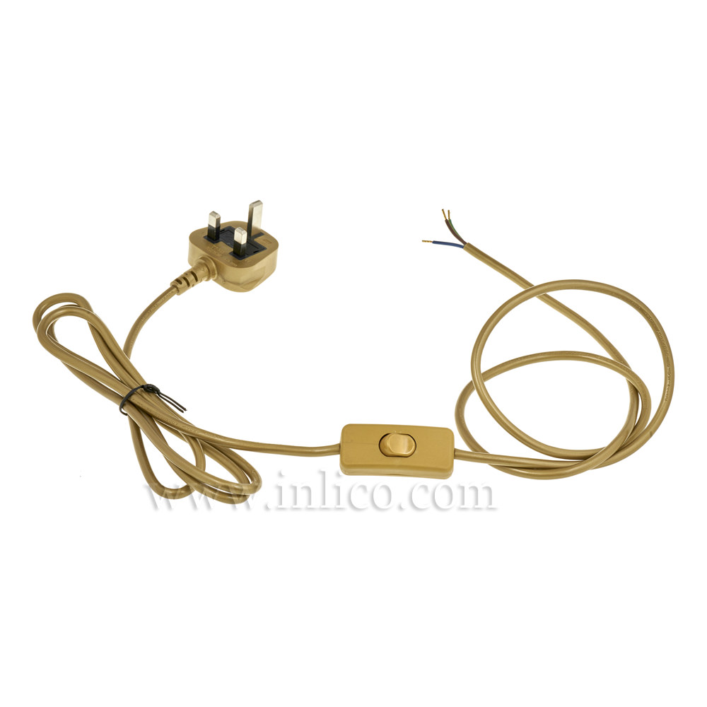 GOLD 2.5MT INLINE CORD SET - SWITCH 1.5MT FROM PLUG END - 3 X.75 GOLD CABLE + 3A FUSED GOLD MOULDED PLUG. CABLE 2183Y VDE APPROVED. PLUG TO BS 1363-1:2006+A1:2018