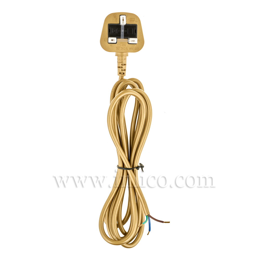 3A SEALED TAMPER-PROOF GOLD PLUG + 2.5M 2183Y 3 X .75MM GOLD CABLE. CABLE IS APPROVED TO BS5025:2011 HARMONISED HO3VV-F. FREE END BOOTLACED. PLUG BS 1363 ASTA APPROVED