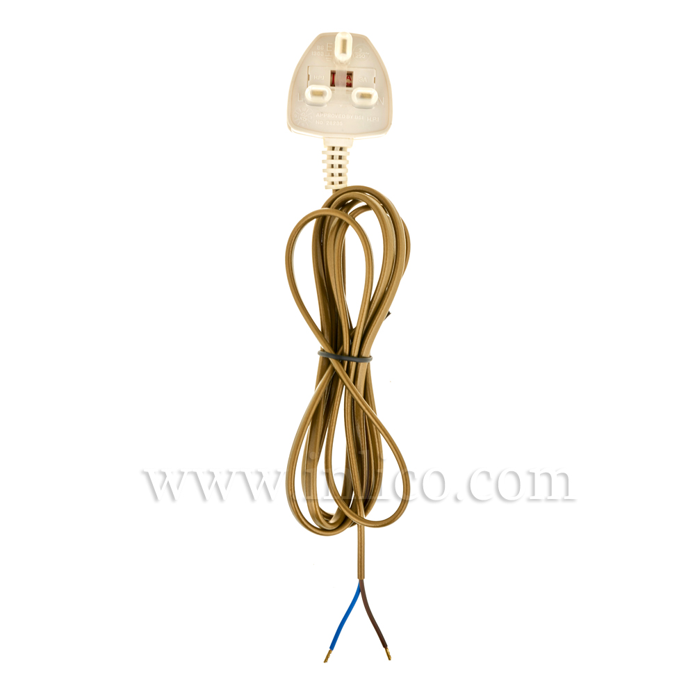 3A SEALED TAMPER-PROOF WHITE PLUG + 2.5M 2183Y 3 X .75MM GOLD CABLE. CABLE IS APPROVED TO BS5025:2011 HARMONISED HO3VV-F. FREE END BOOTLACED. PLUG BS 1363 ASTA APPROVED
