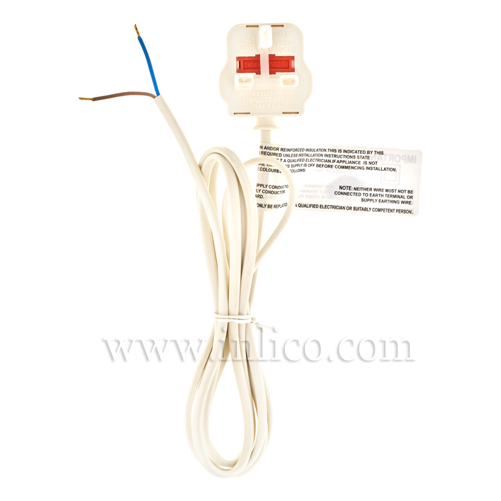 2MT PLUG LEAD. 3A SEALED PLG+2M 2X.75 WHT FLX - IMPRESSED HAR MARKINGS ON WHITE CABLE