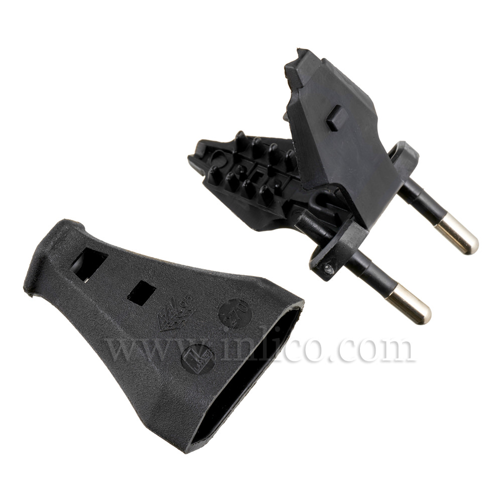 2 AMP EURO PLUG BLACK FOR FLAT/OVAL FLEX WITH SLIDE FIT BODY 
CEE 7/16 EN50075