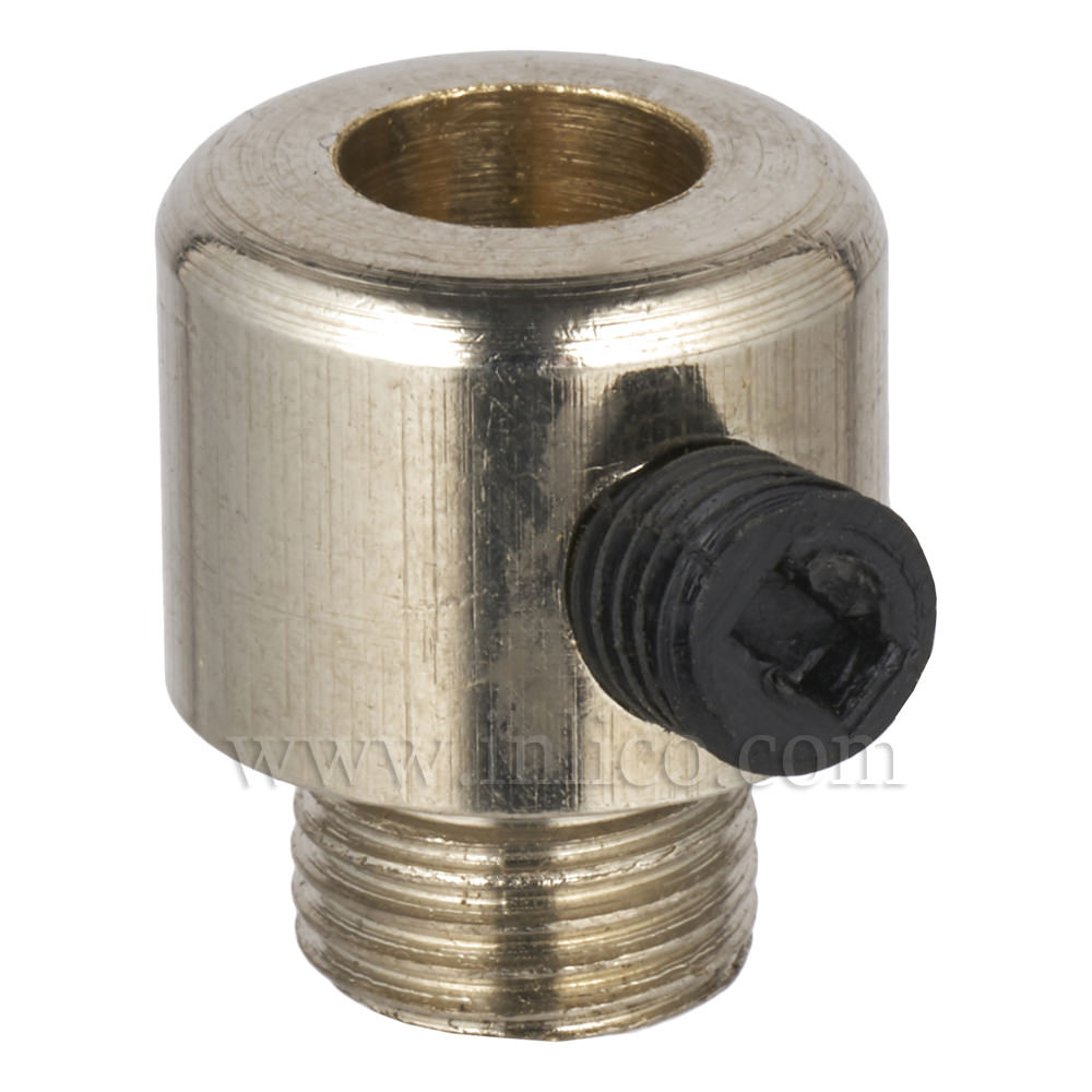 BRASS CORDGRIP MALE M10X1 NICKEL FINISH WITH BLACK PLASTIC GRUBSCREW