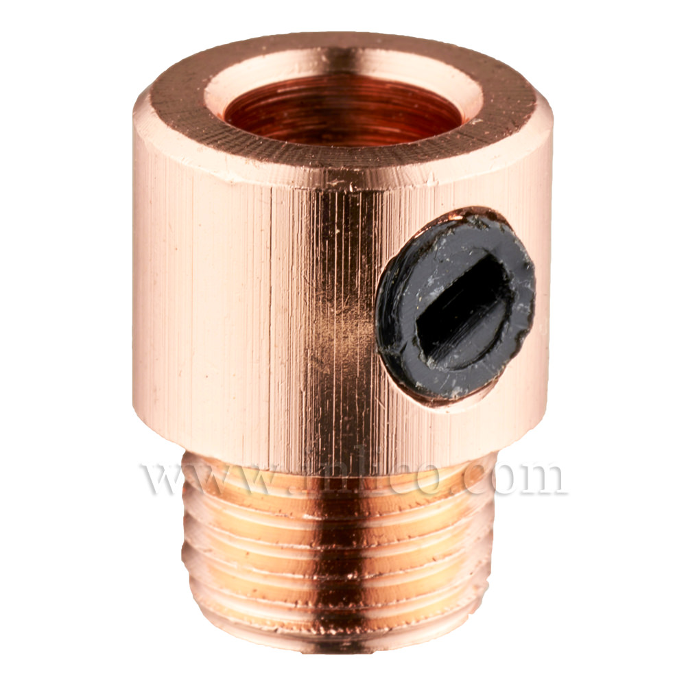 M10X1 CORDGRIP MALE BRASS WITH BRIGHT COPPER FINISH AND  BLACK PLASTIC M6 X 6.5MM GRUBSCREW



