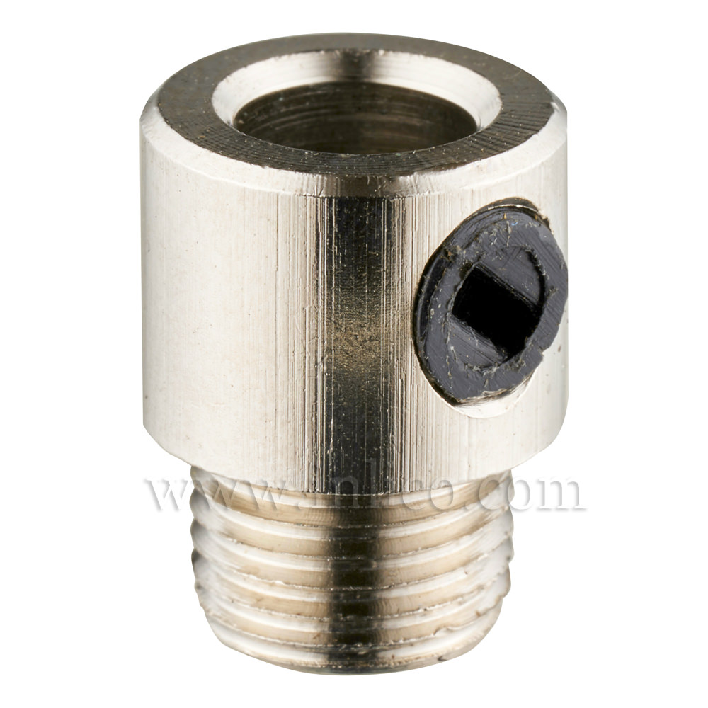 M10X1 CORDGRIP MALE BRASS WITH NICKEL SILVER FINISH AND  BLACK PLASTIC M6 X 6.5MM GRUBSCREW



