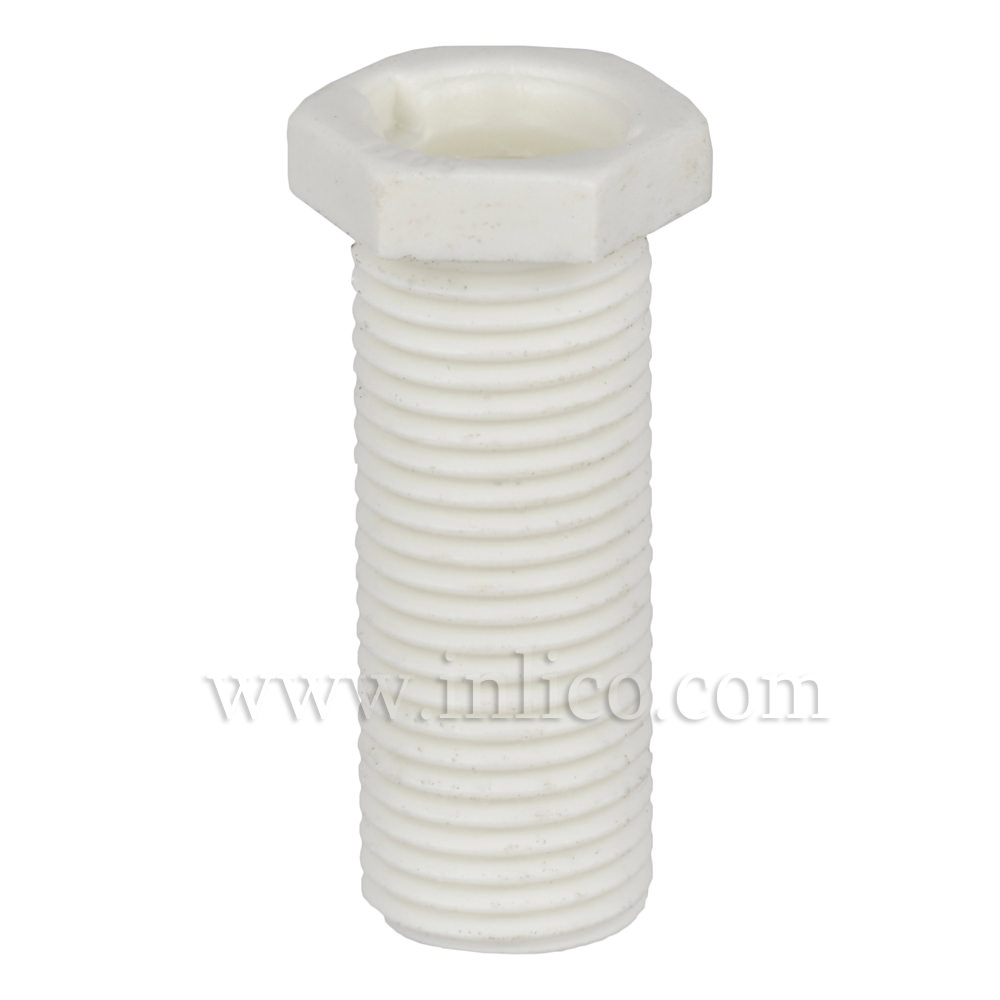 M10X1 PLASTIC HEX NIPPLE WHITE 28MM OAL 25 MM THREAD LENGTH 12MM AF THROUGH HOLE 