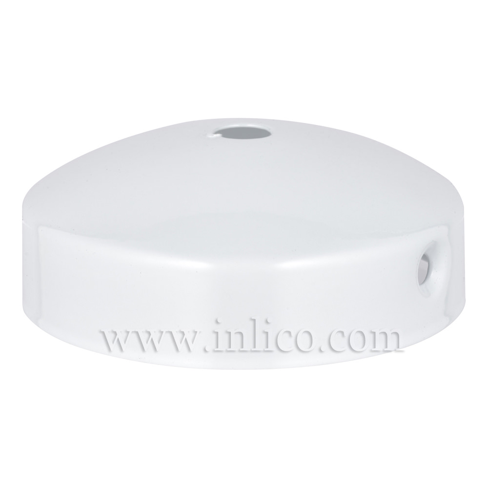 WHITE P/COAT STEEL DOMED CEILING CUP 80mm X 31mm WITH 10.5mm CENTRE HOLE AND M4 SIDE HOLES FOR FIXING BRACKET