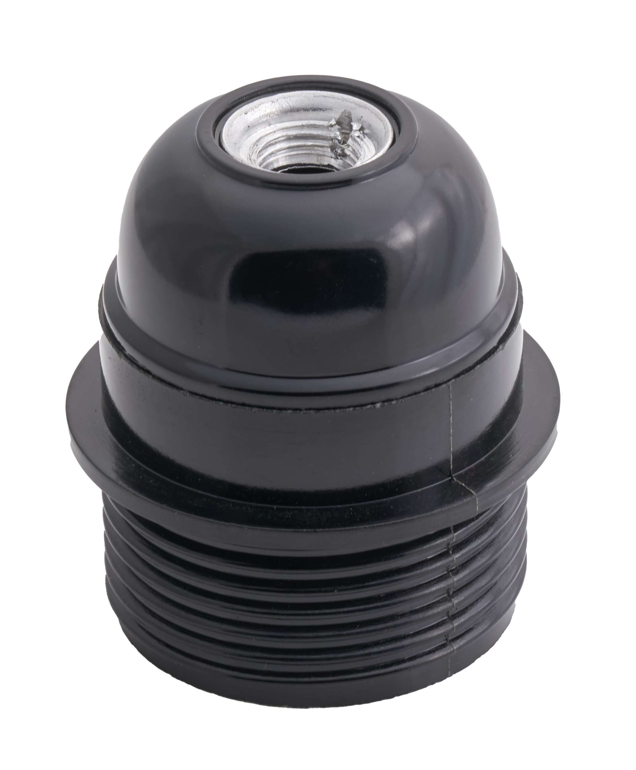 E26 BLACK BAKELITE LAMPHOLDER THREE PART WITH E26 INSERT HALF THREADED SKIRT AND METAL THREADED ENTRY DOME  UL APPROVED FILE NUMBER E255576 (25 in box) 