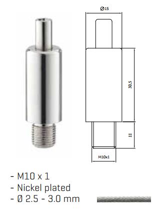 SUSPENSION CLUTCH NICKEL PLATED BRASS 15MM X 29MM M10X1 THREAD FOR 2MM TO 3MM CABLE