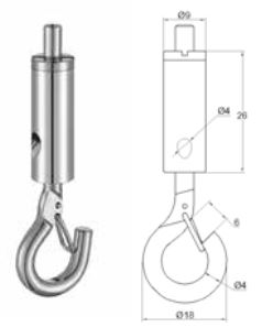 SUSPENSION CLUTCH WITH HOOK - 9MM DIA. X 53MM X 18.5MM 4MM CABLE EXIT HOLE -  NICKEL SILVER PLATED BRASS -  FOR 1.0MM - 1.5MM STEEL WIRE