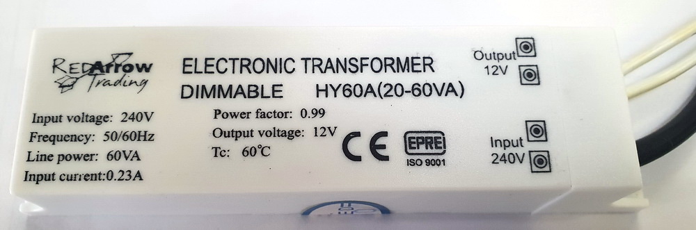 ELECTRONIC LOW VOLTAGE 20-60VA DIMMABLE TRANSFORMER INPUT 240V OUTPUT 12V